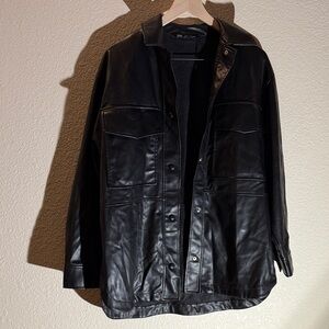 Zara Men's Black Faux Leather Shirt Jacket